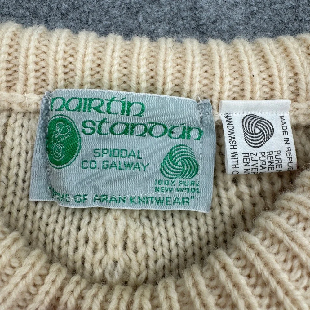 Mairtin Standun Irish Aran Wool Sweater Beige Cable Knit Crewneck Ireland L